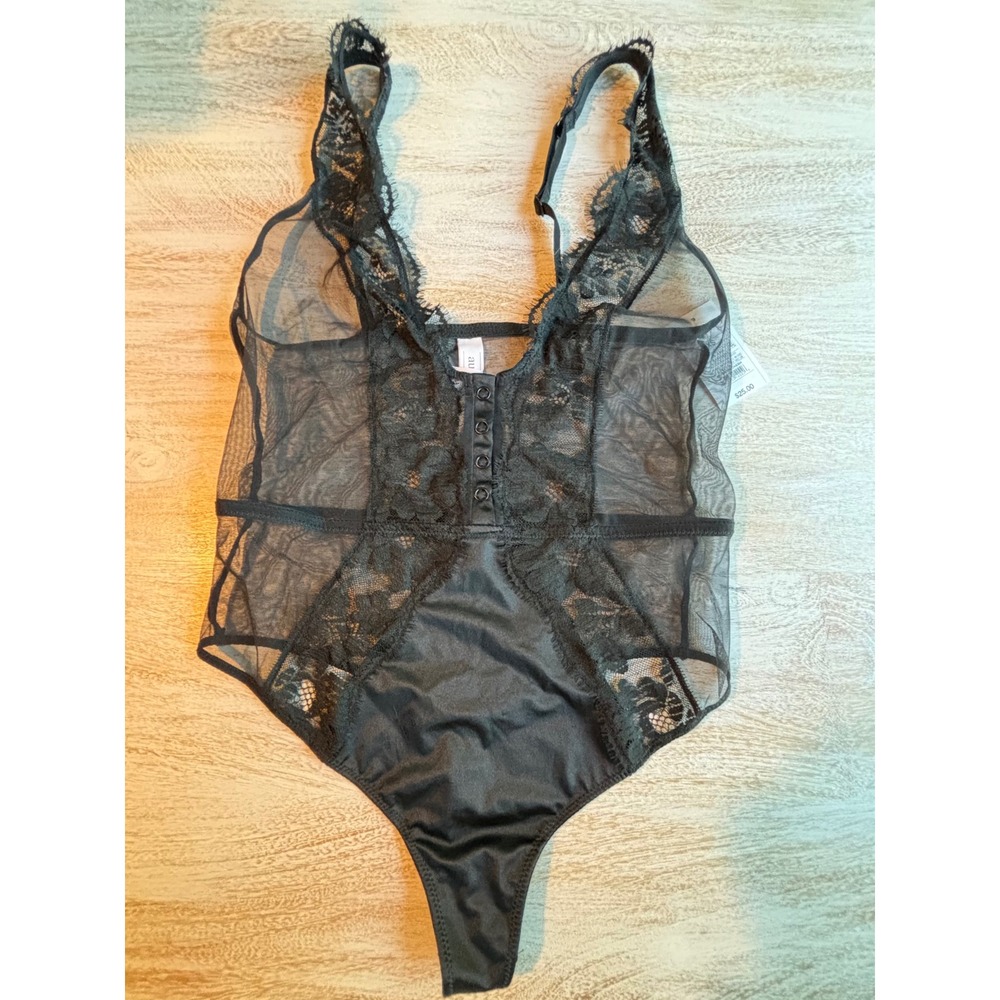 Auden XS Lace Mesh Bodysuit Women Black NWT